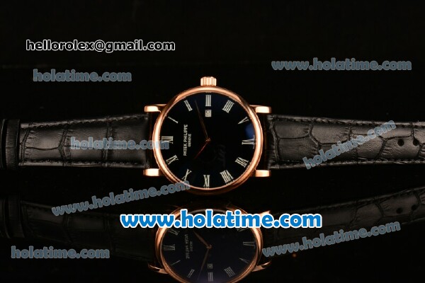 Patek Philippe Calatrava 2813 Automatic Rose Gold Case with Black Dial and Roman Numeral Markers - Click Image to Close